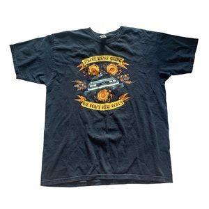 Y2k car graphic tee “where we’re going we don’t need roads”